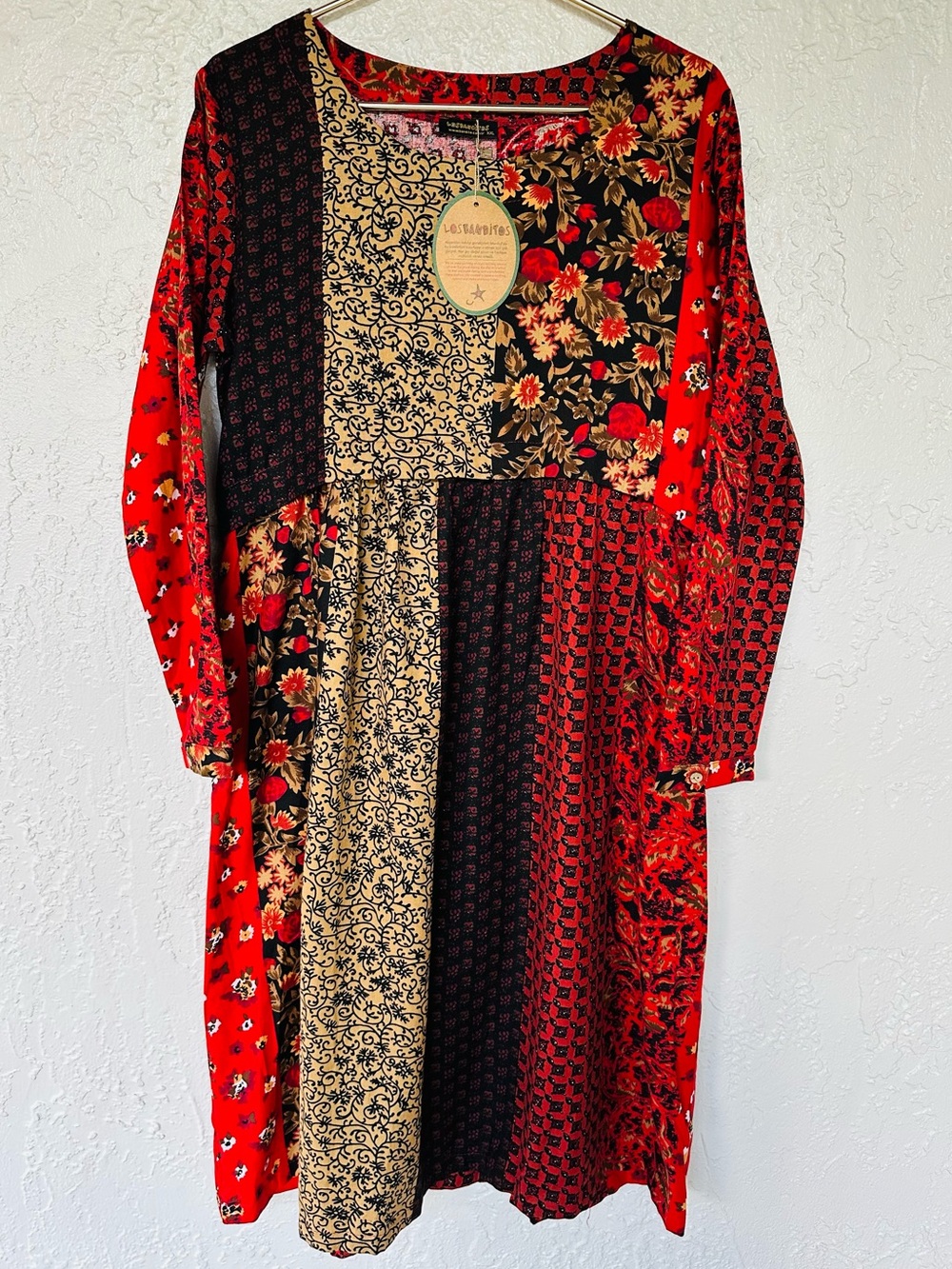 New Los Banditos Patchwork Boho Cotton Midi Dress Red Floral Long Sleeve - Picture 7 of 11